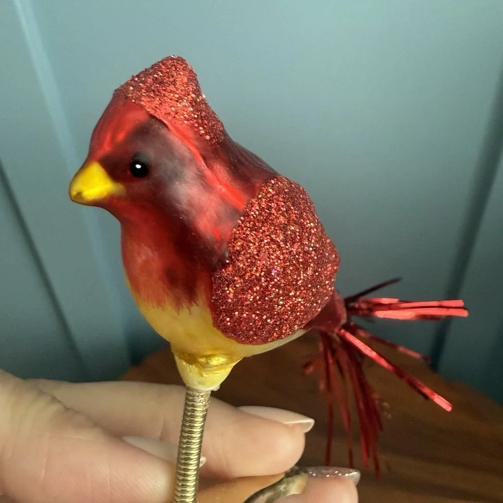 Vintage Glass‎ Clip On Bird Ornaments 2 Cardinal Tinsel Tail Glitter German F/W